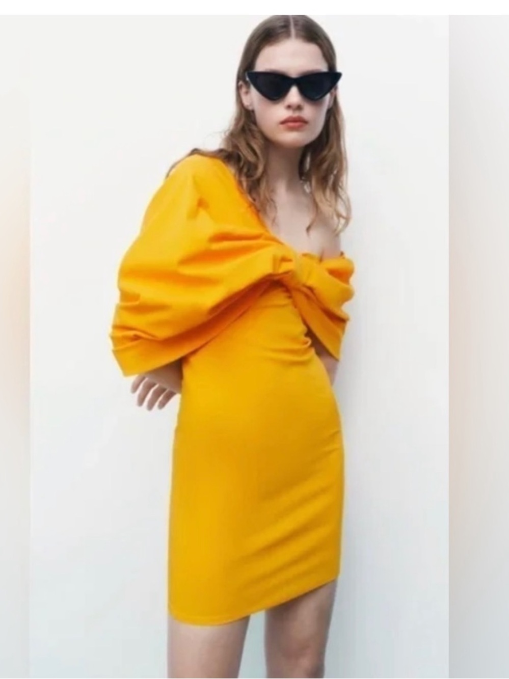 Zara Bright Yellow One-Shoulder Bow Mini Dress